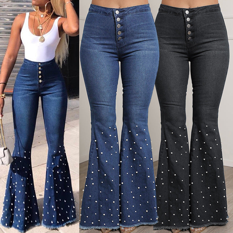 Jeans Pants Skinny Pearl Beaded Black Blue Slim Denim Jeans n B1088