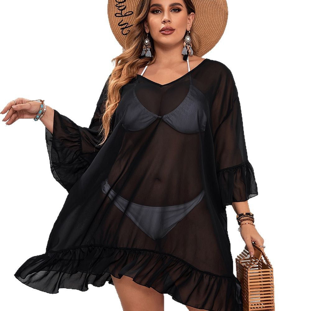 Plus Size See-through Sexy Sun Protection Bikini One-piece Beach Dress