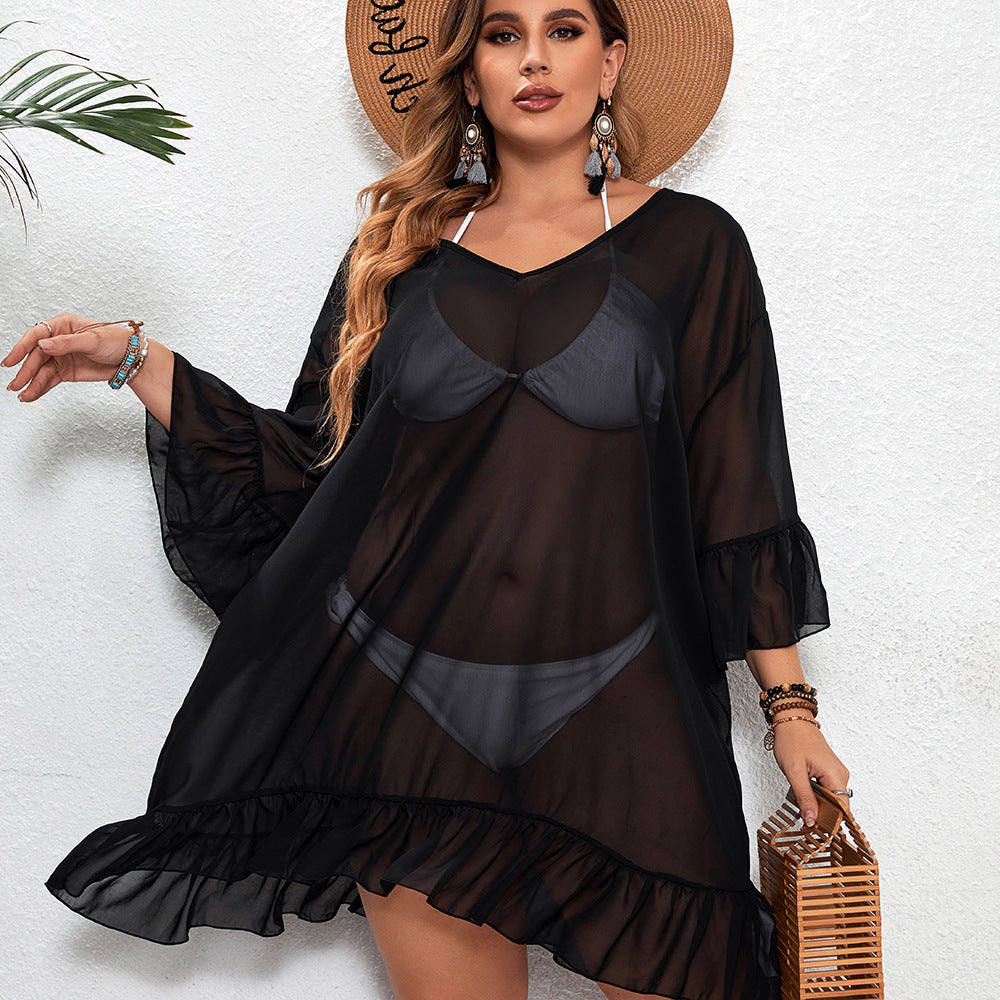 Plus Size See-through Sexy Sun Protection Bikini One-piece Beach Dress
