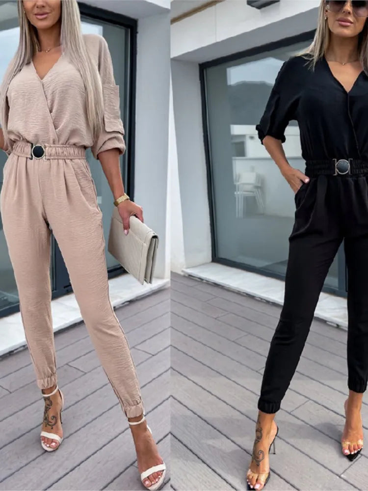 Autumn Jumpsuit Women Solid Color V-Neck Belt Pocket High Waist