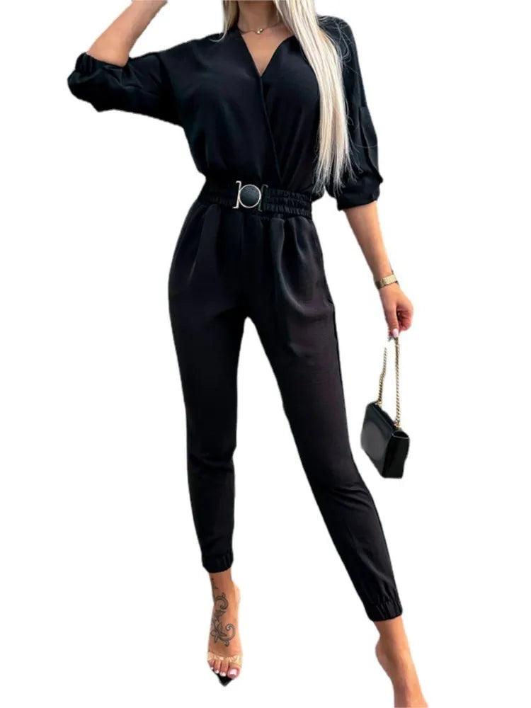 Autumn Jumpsuit Women Solid Color V-Neck Belt Pocket High Waist