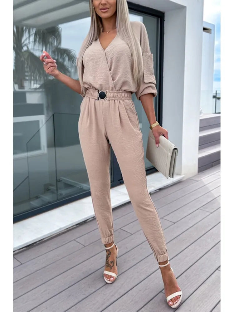 Autumn Jumpsuit Women Solid Color V-Neck Belt Pocket High Waist