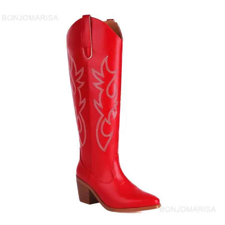 Plus Size 45 Women's Embroidered Western Knee-High Boots Cowboy Cowgirl Boots