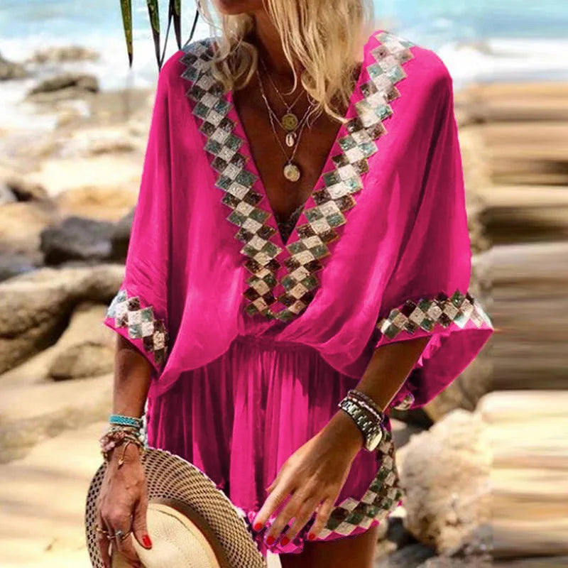 Sexy v Neck Bohemian Print Jumpsuit Office Lady Summer Casual Short Wide Leg Jumpsuits for Women 2023 Colorful One Piece Rompers