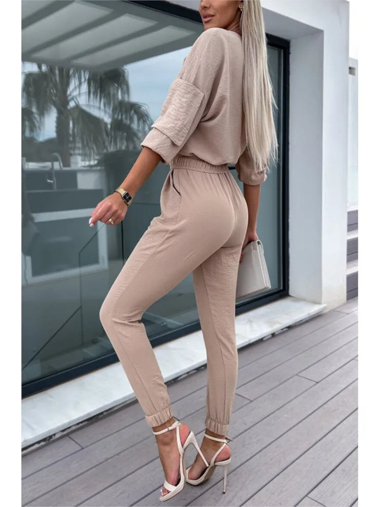 Autumn Jumpsuit Women Solid Color V-Neck Belt Pocket High Waist