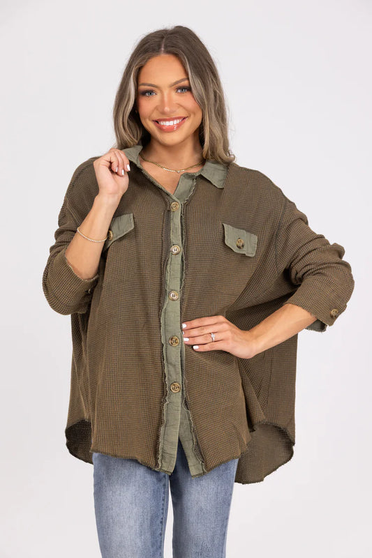 Zenana Waffle Knit Button-Up Top – Taupe Brown