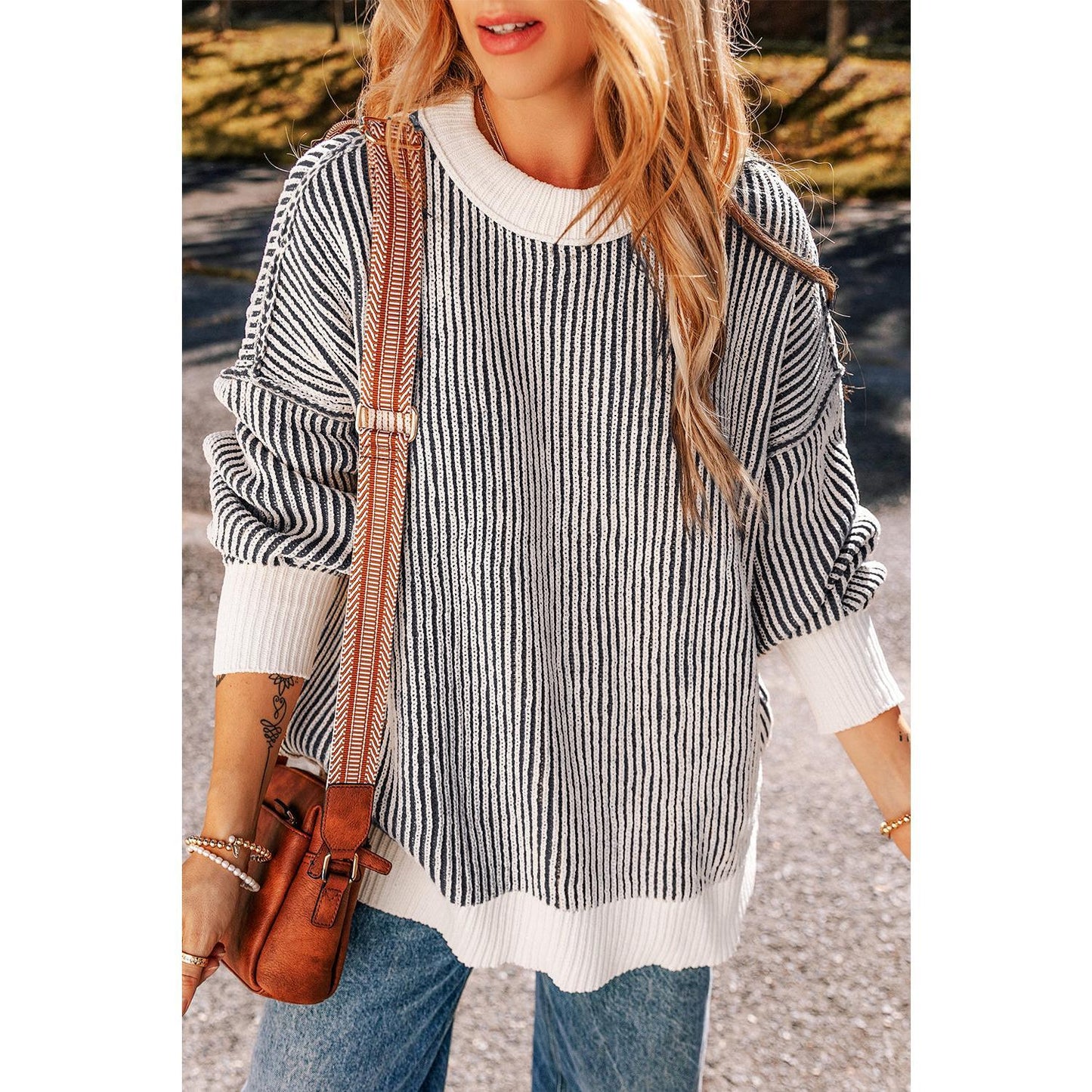 Chestnut Striped Contrast Trim Loose Sweater