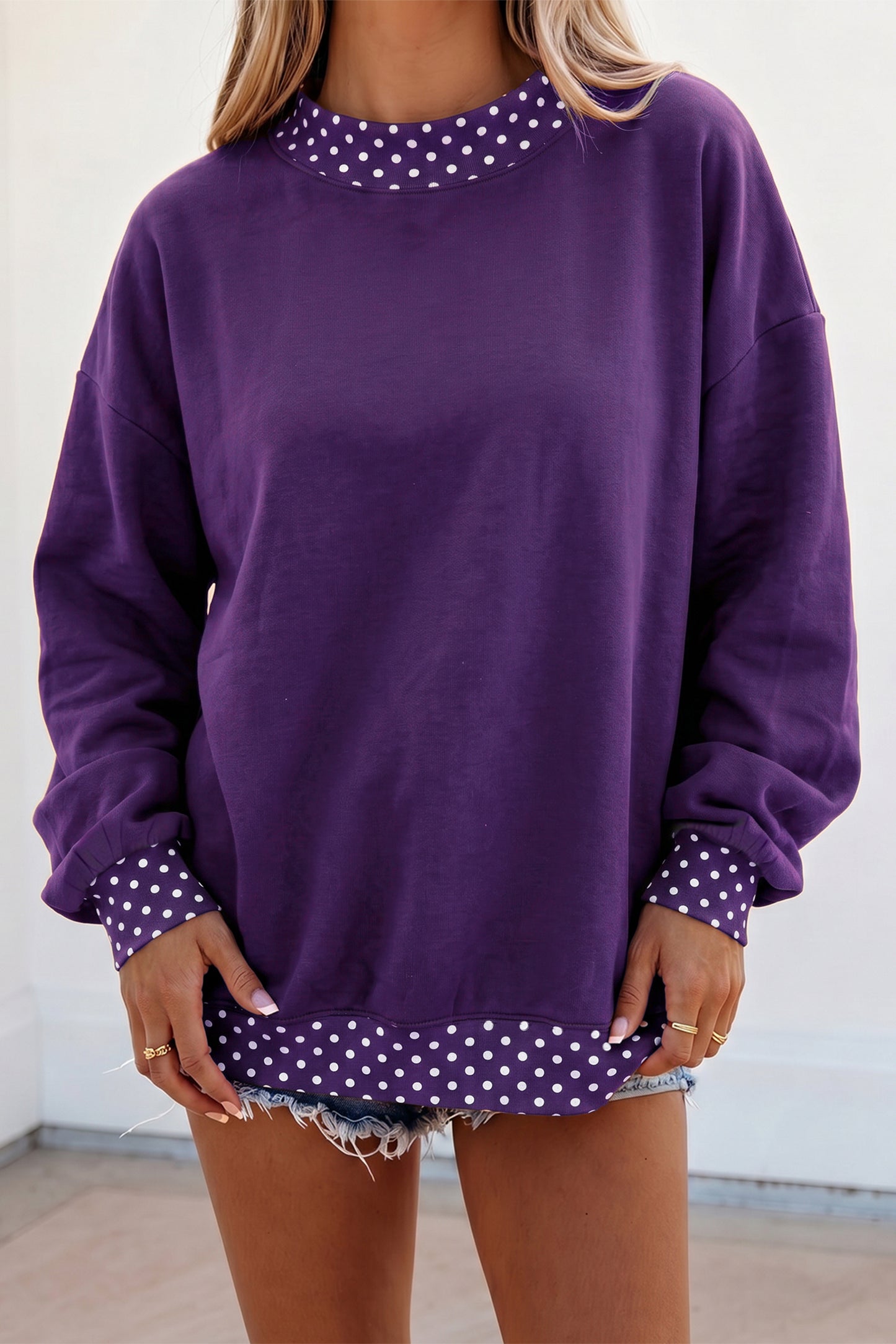 Brown Colorblock Polka Dot Contrast Trim Oversized Sweatshirt