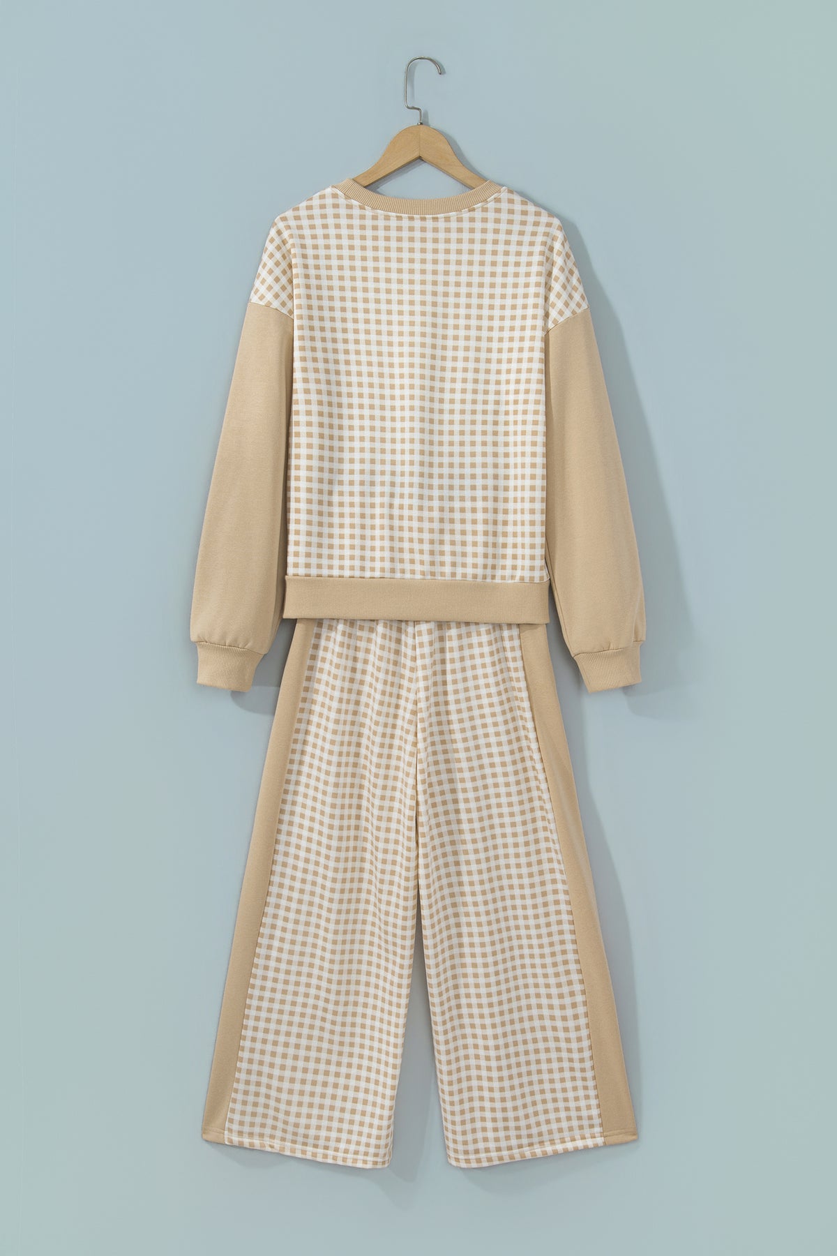 Green Color Block Plaid Patchwork Long Sleeve Pullover Wide Leg Pant Set
