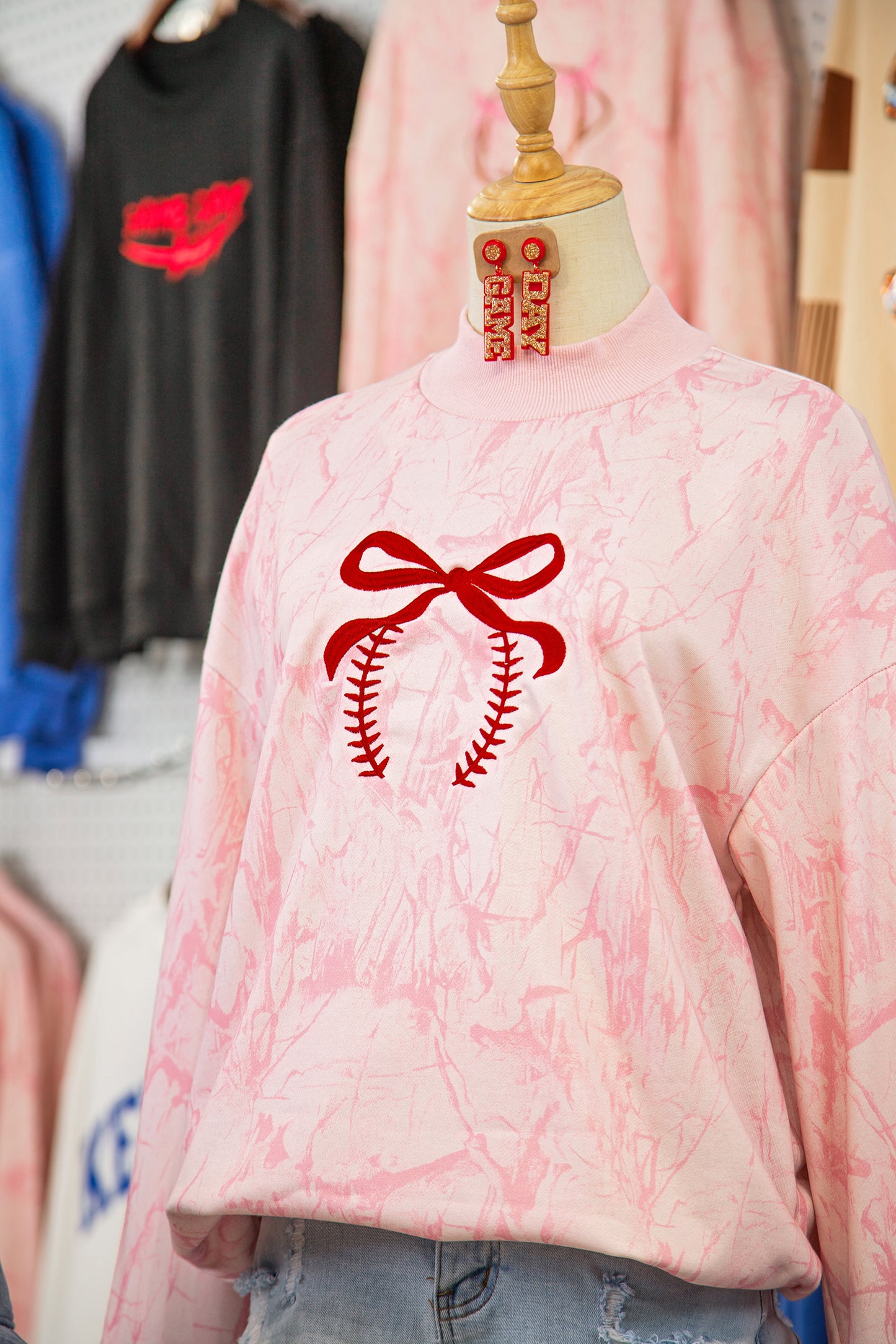 Pink Tie Dye Camo Embroidered Bow Game Day Mock Neck Sweatshirt