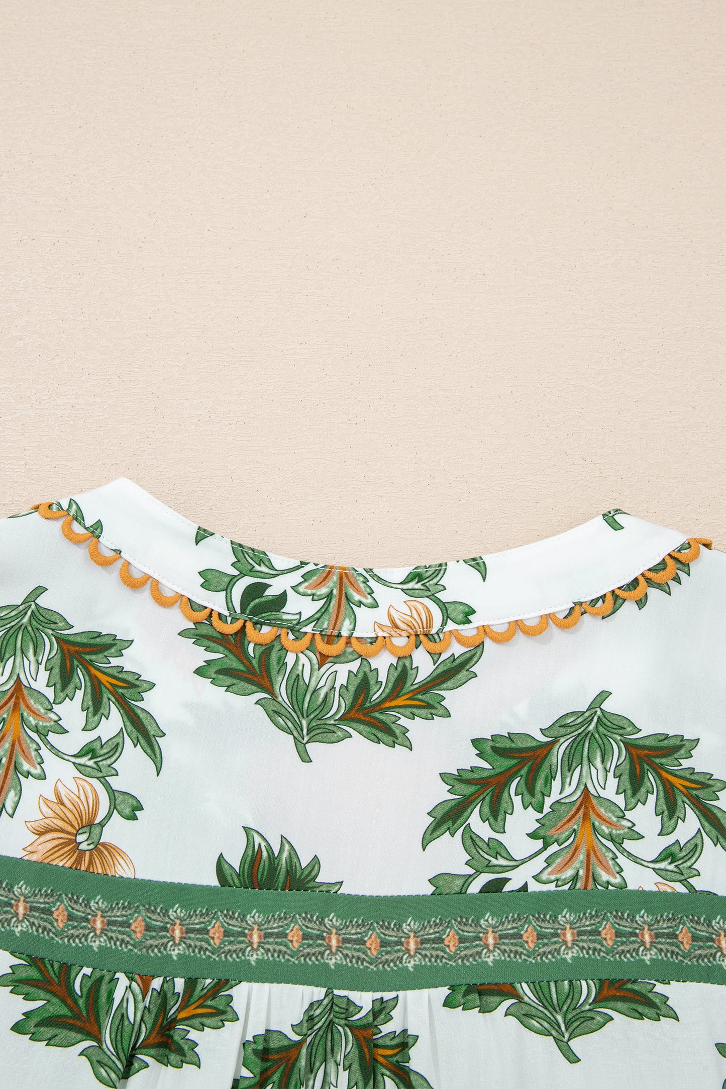 Green Plus Size Floral Printed Contrast Patchwork Detail Tassel Tie 3/4 Sleeve Blouse