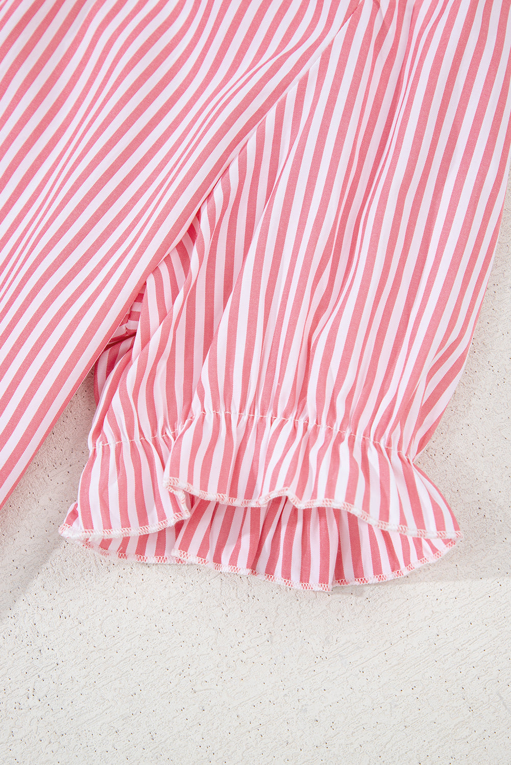 Pink Stripe Notched Neck Frilled Short Puff Sleeve Blouse