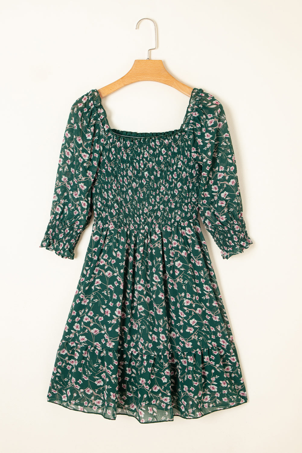 Green Smocked Square Neck Puff Short Sleeve Floral Dress