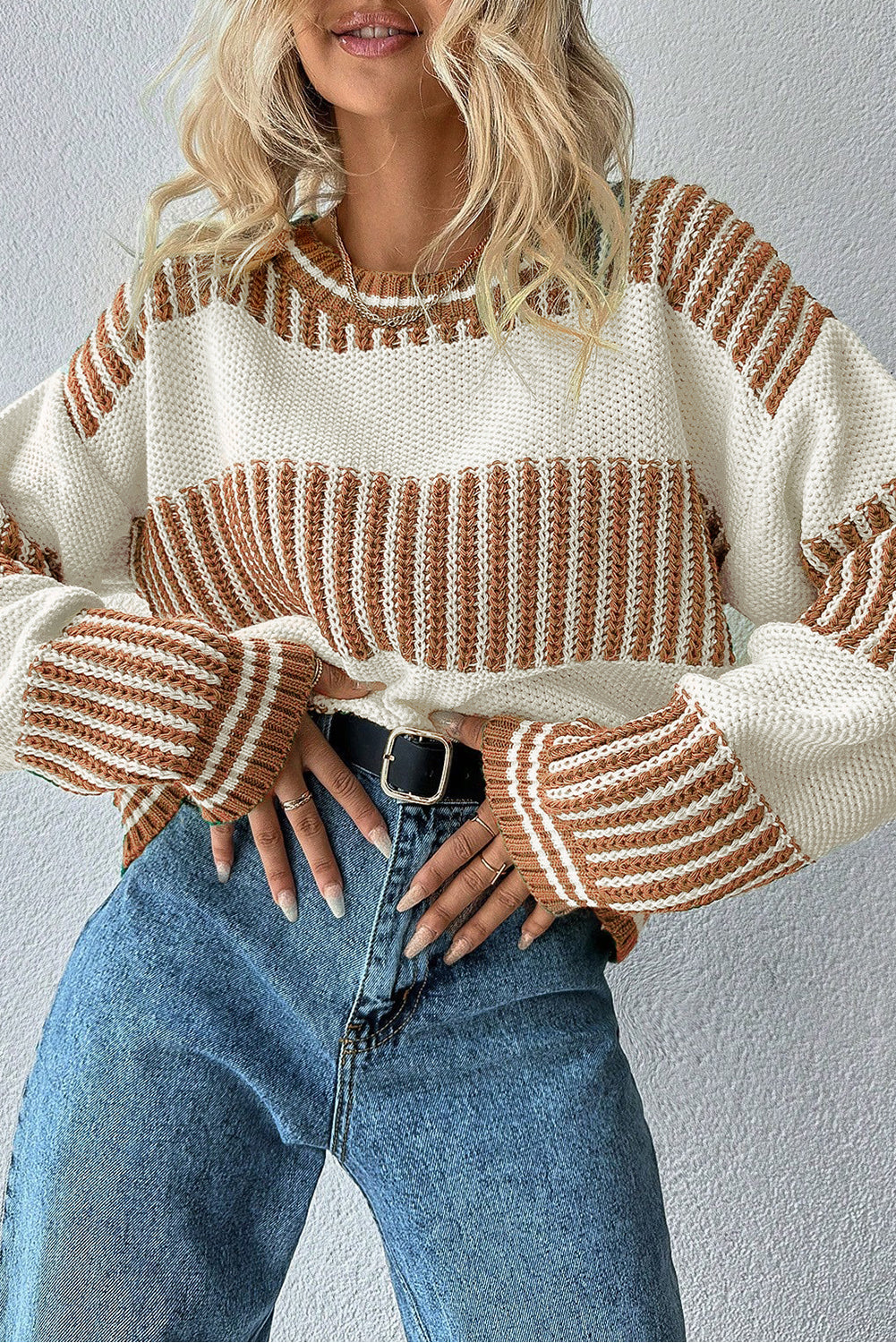 Light Blue Two Tone Striped Patchwork Drop Shoulder Sweater