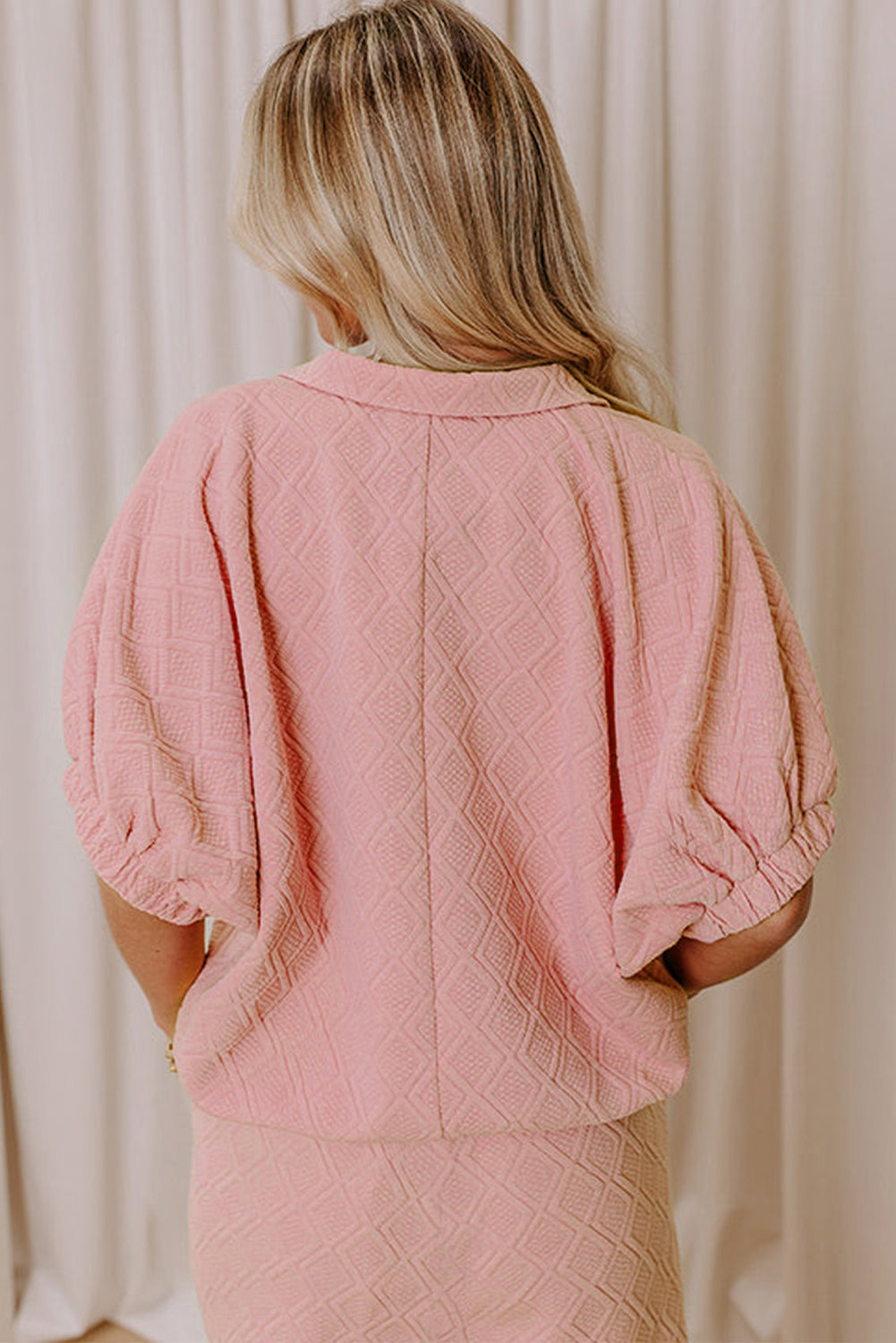 Light Pink Striped Collared Zip up Textured Skirt Set