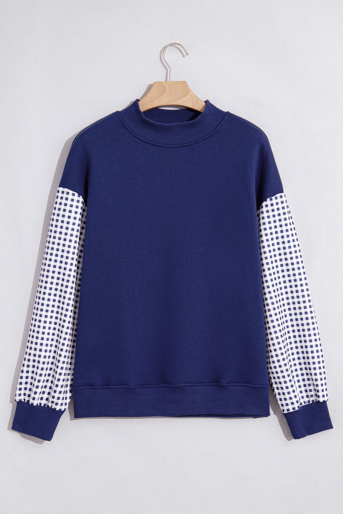 Coffee Plaid Sleeve Colorblock Loose Tunic Sweatshirt