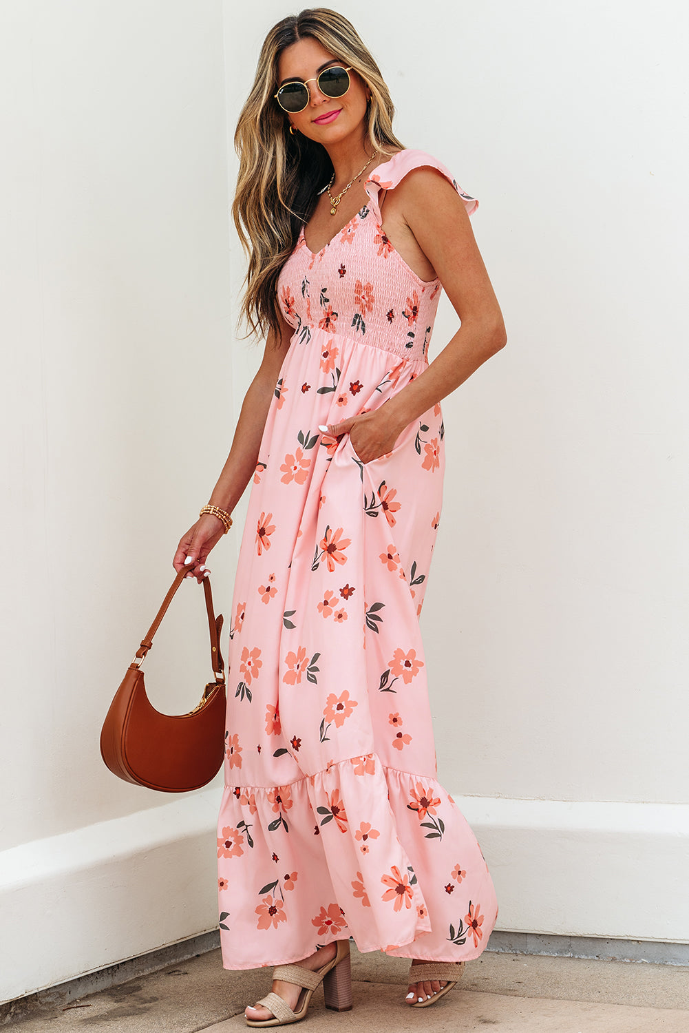 Pink Floral V Neck Smocked High Waist Ruffle Hem Long Dress
