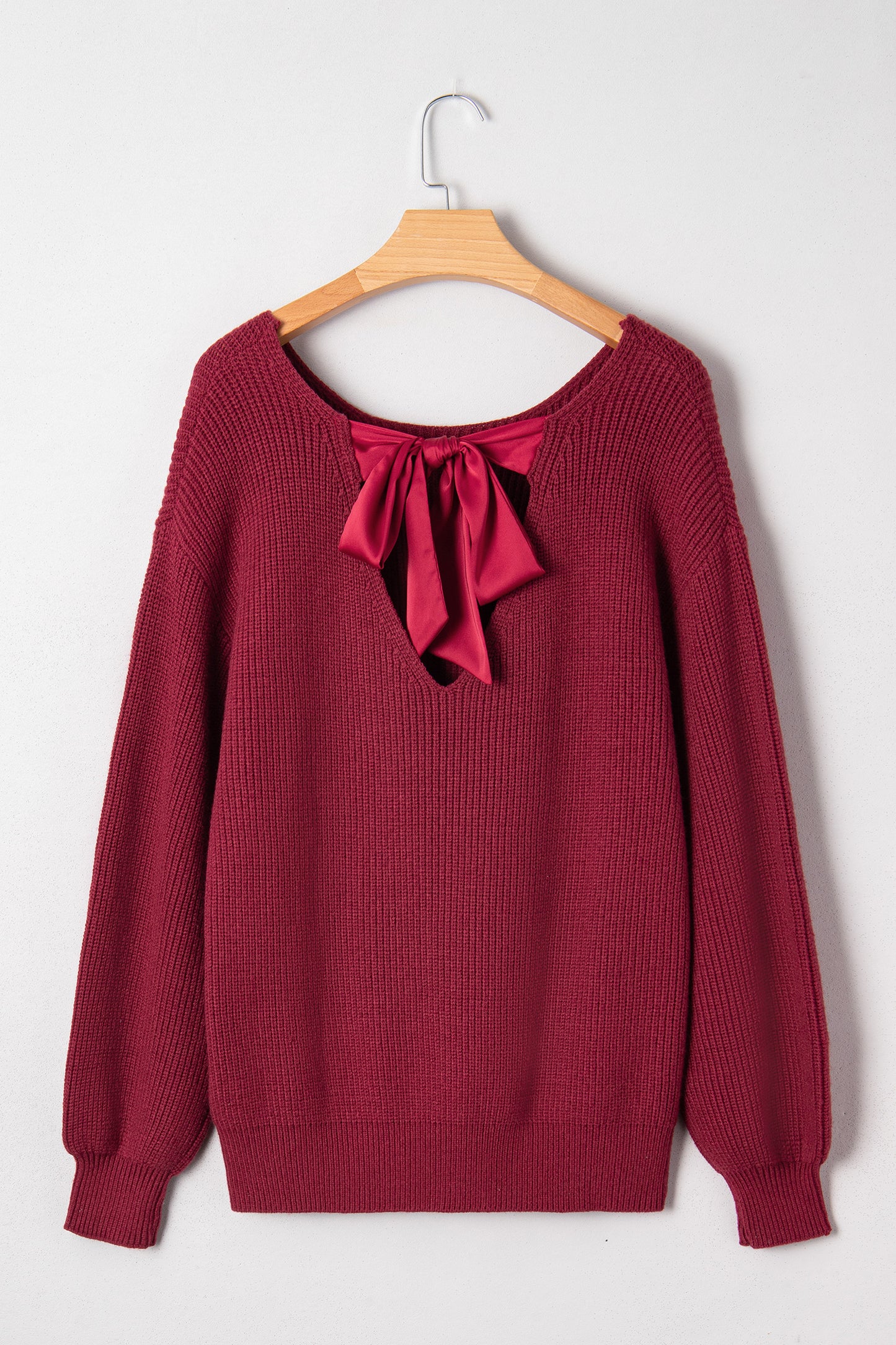 Jet Stream Ribbed Knit Ribbon Knot Backless Drop Shoulder Sweater