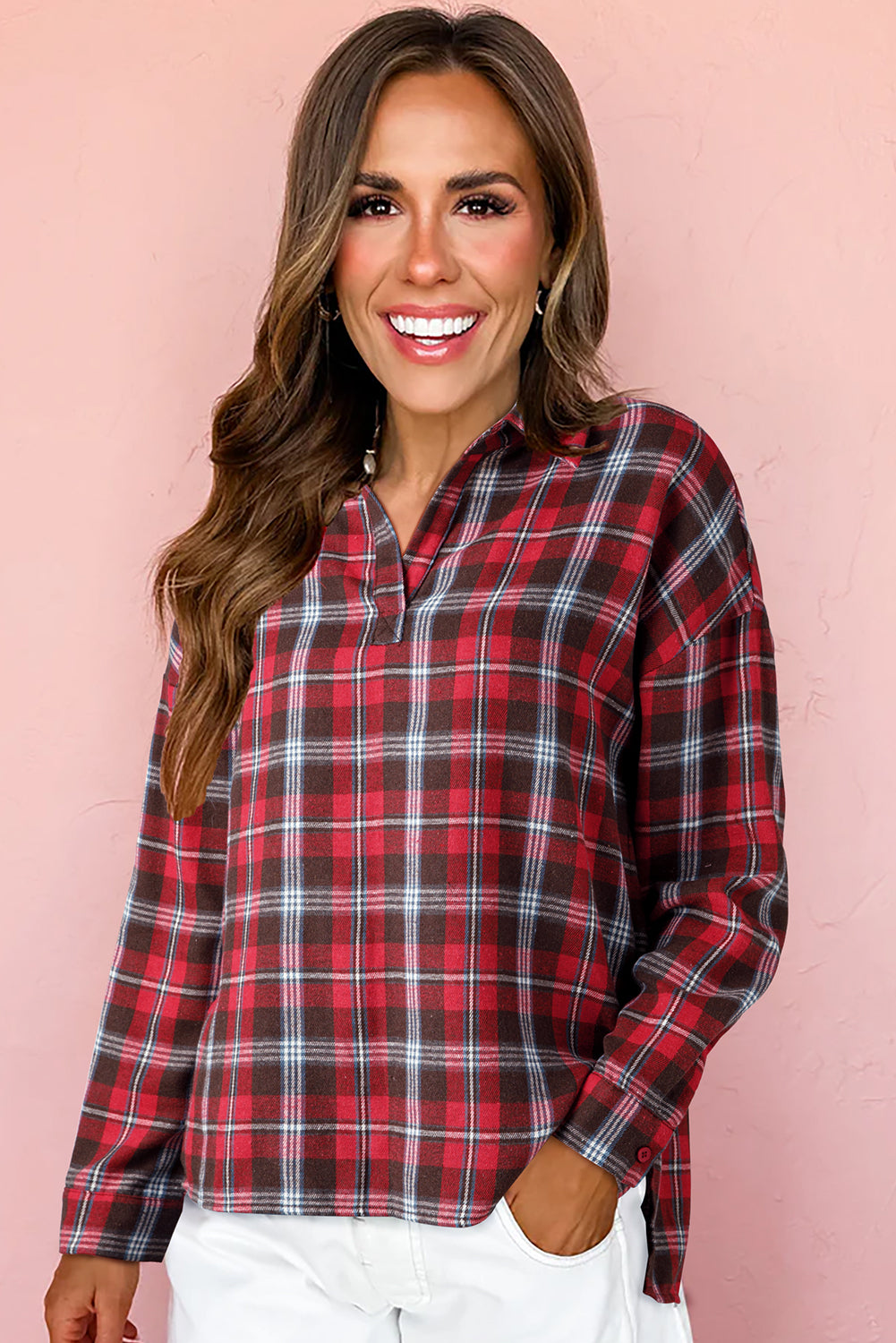 Red Plaid Print Collared V Neck Loose Blouse with Side Slits