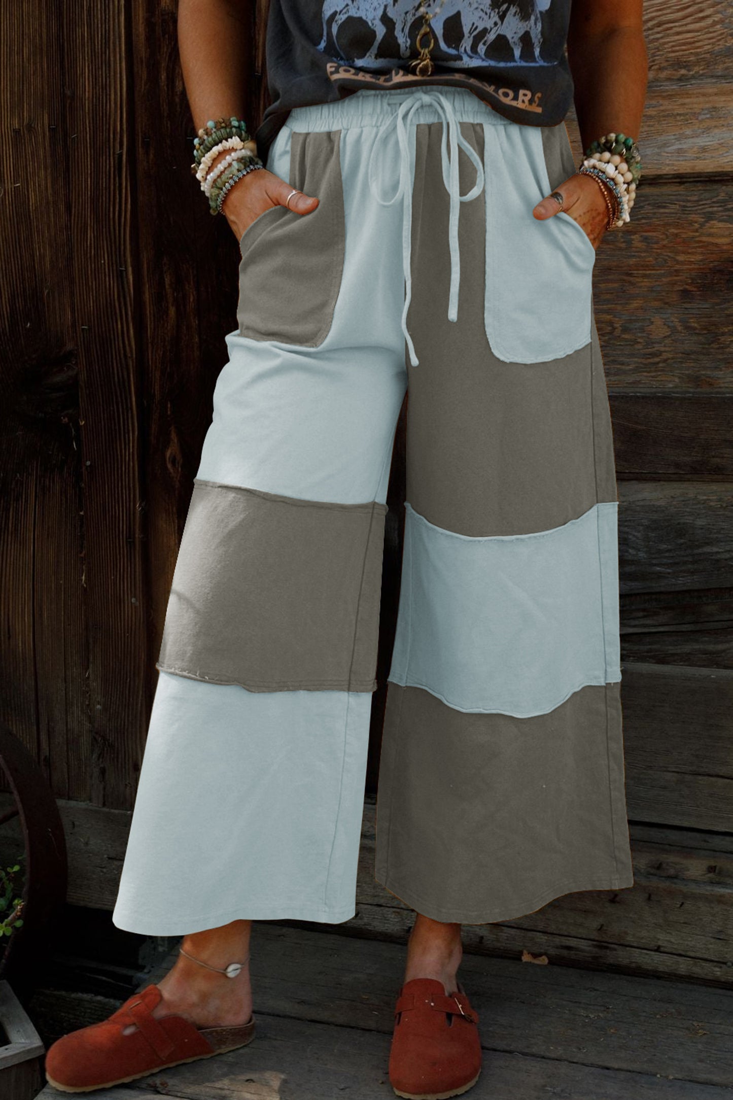 Russet Orange Raw Seam Colorblock Wide Leg Ankle Length Casual Pants