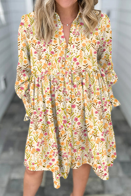 Yellow Floral Print Frilly Trim Smocked Cuff Long Sleeve Loose Shirt Dress