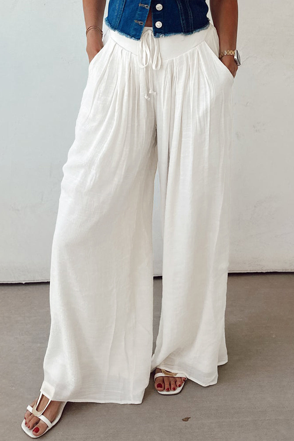 White Solid Pleated Loose Wide Leg Pants
