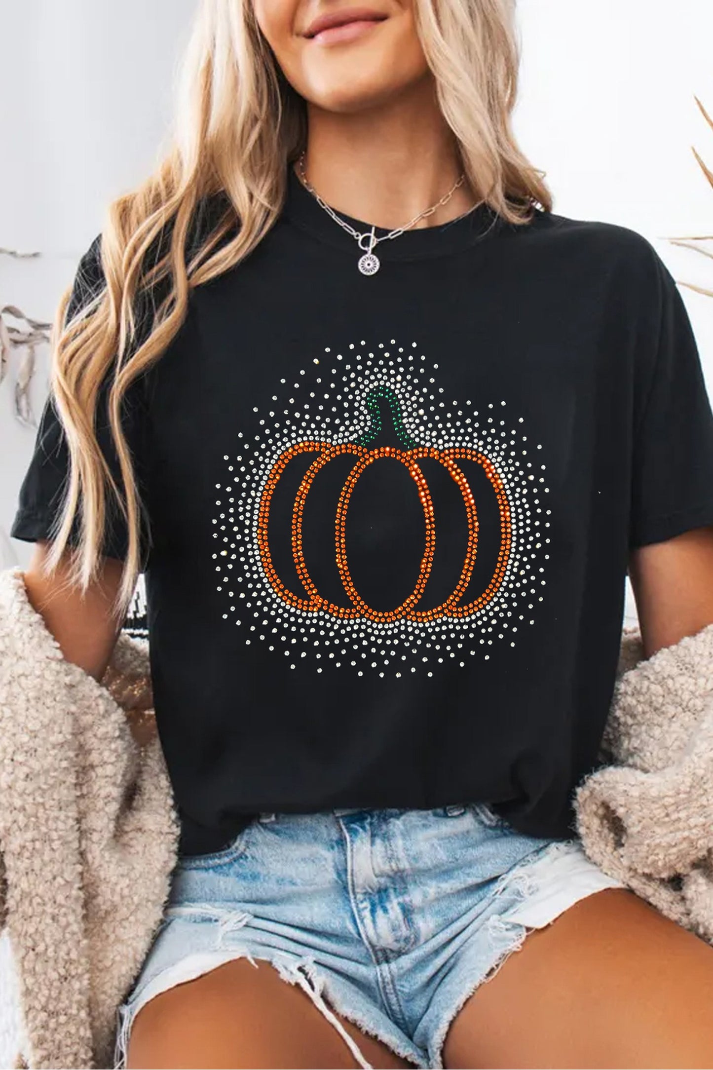 Black Rhinestone Pumpkin Graphic Casual Short Sleeve Tee