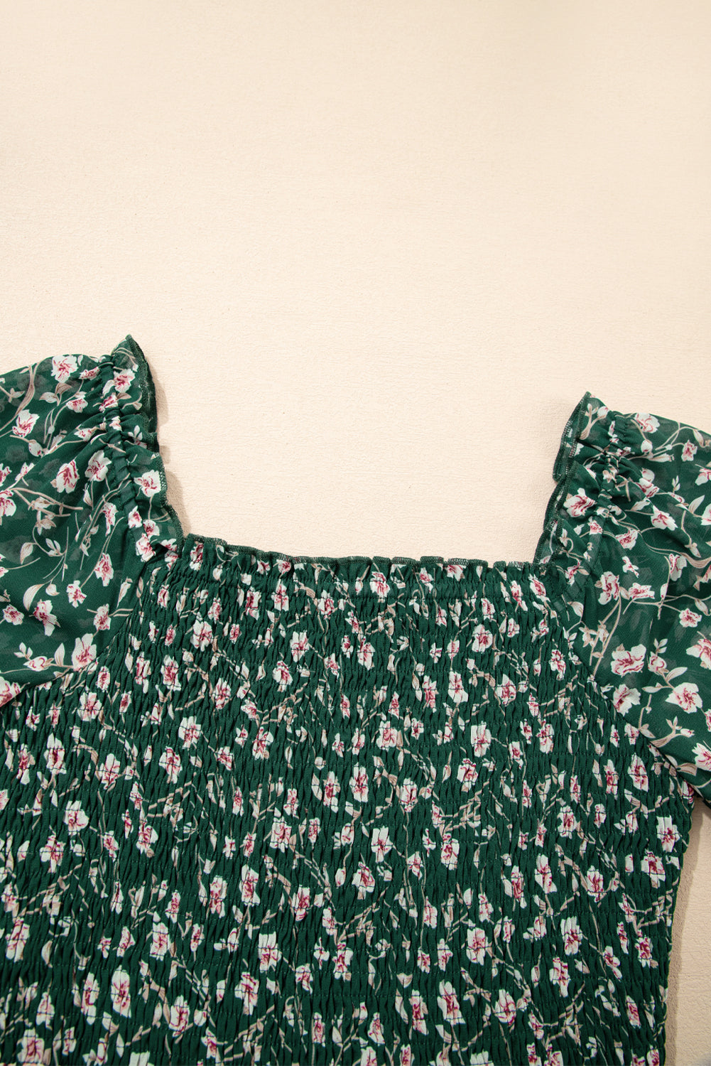 Green Smocked Square Neck Puff Short Sleeve Floral Dress