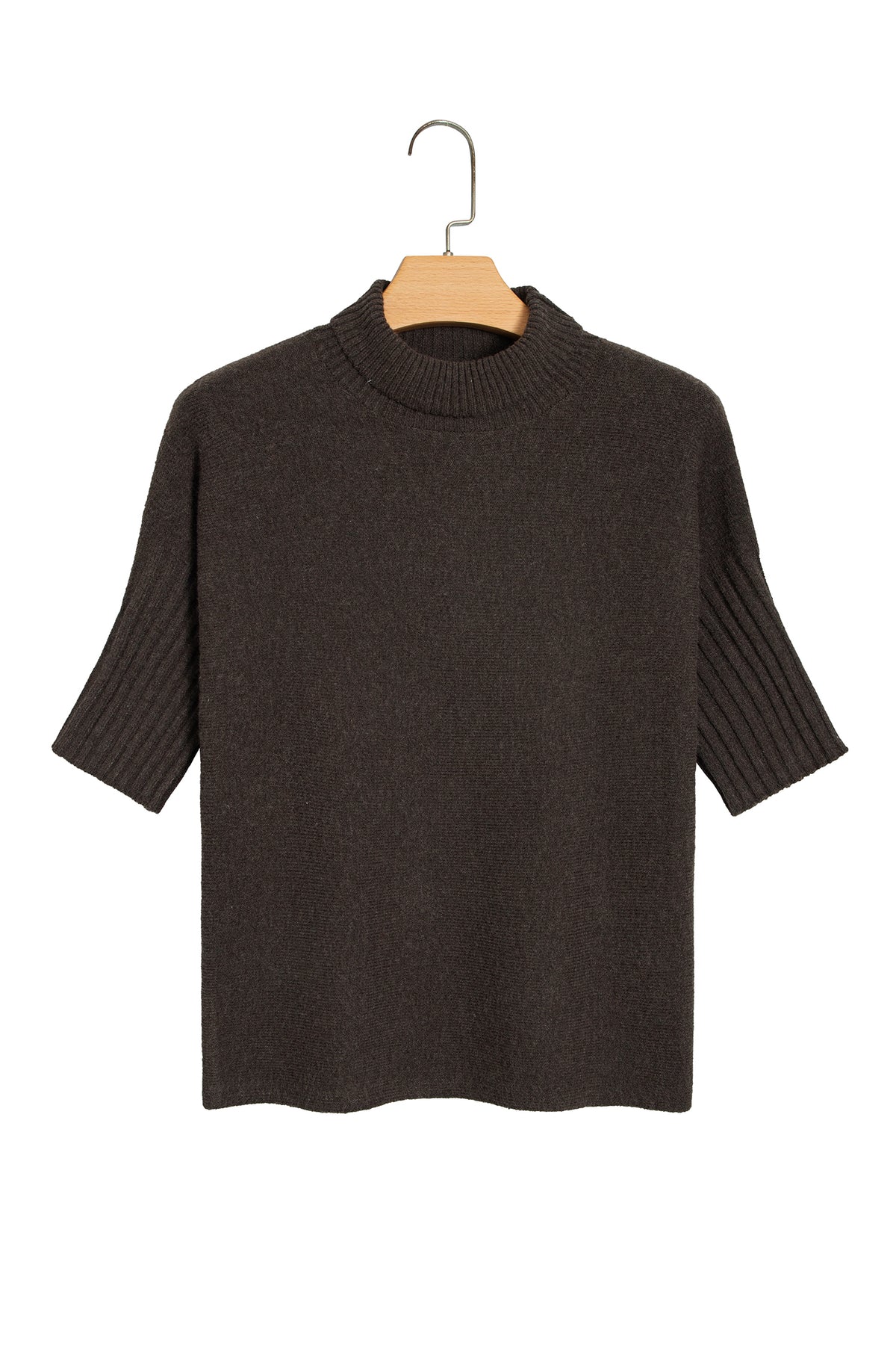 Burgundy Ribbed Trim High Neck Short Sleeve Casual Sweater