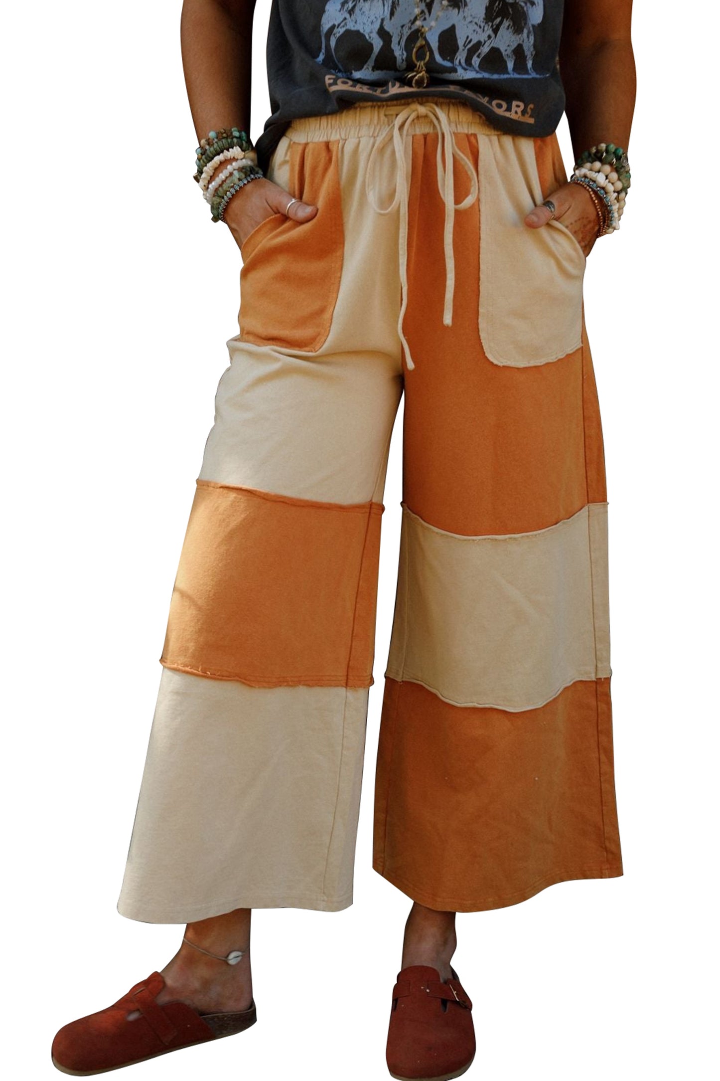 Russet Orange Raw Seam Colorblock Wide Leg Ankle Length Casual Pants