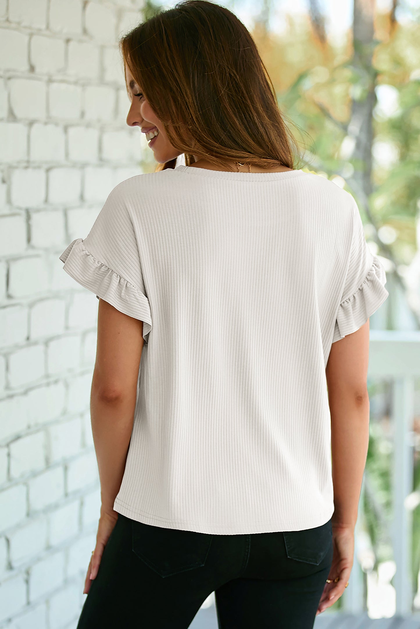 White Solid Color Ribbed Ruffled Short Sleeve T Shirt