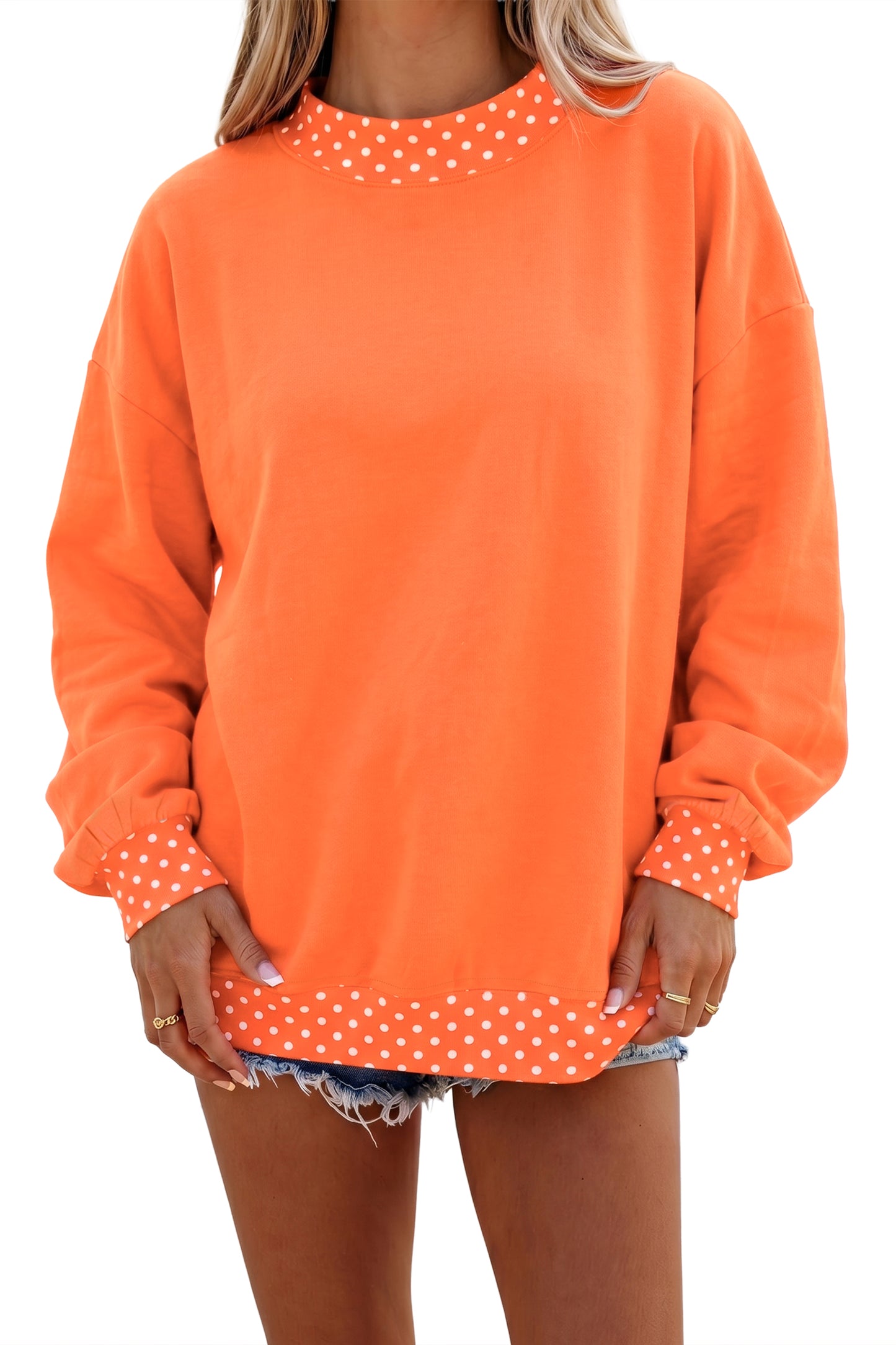 Brown Colorblock Polka Dot Contrast Trim Oversized Sweatshirt
