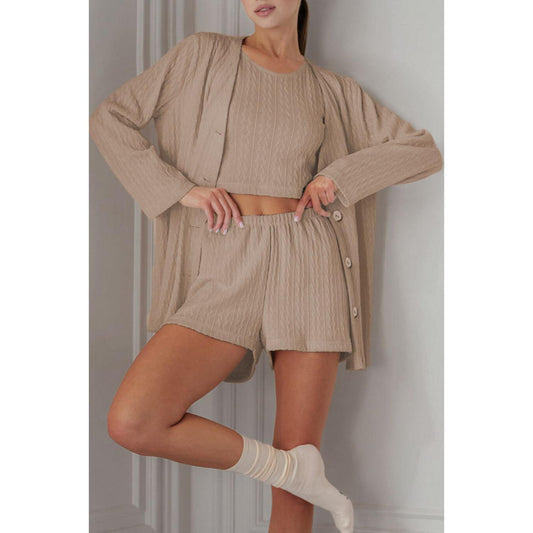 Texture Round Neck Tank, Cardigan and Shorts Set
