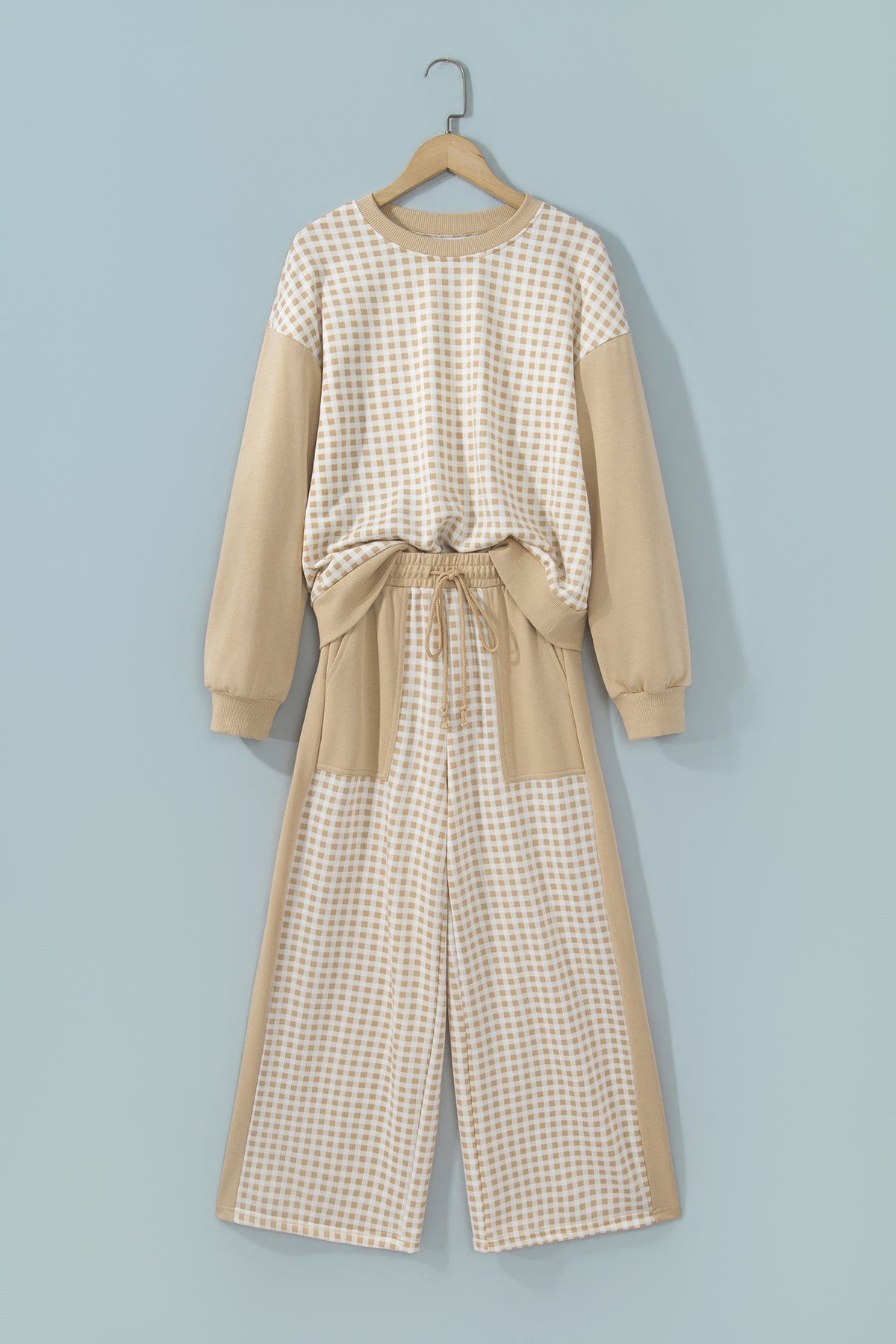 Green Color Block Plaid Patchwork Long Sleeve Pullover Wide Leg Pant Set