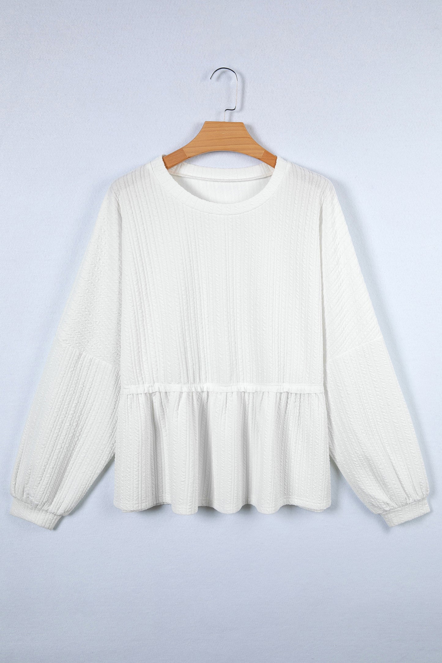 White Solid Color Textured Drop Shoulder Long Sleeve Peplum Top