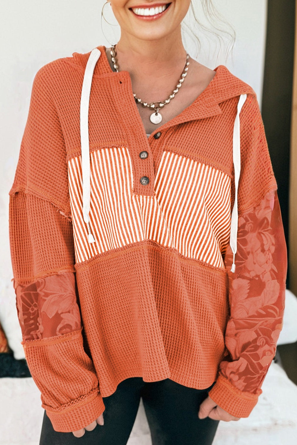 White Waffle Printed Patchwork Drawstring Hooded Long Sleeve Top