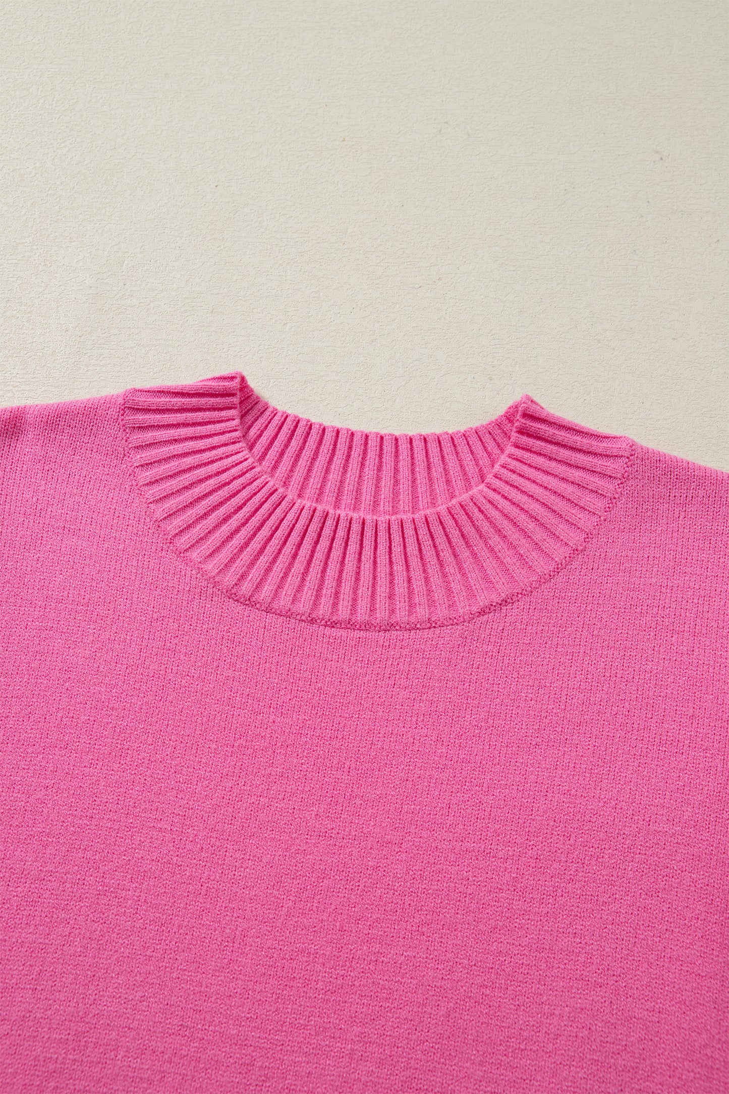 Sachet Pink Solid Color Ribbed Trim Round Neck Ruffle Short Sleeve Sweater