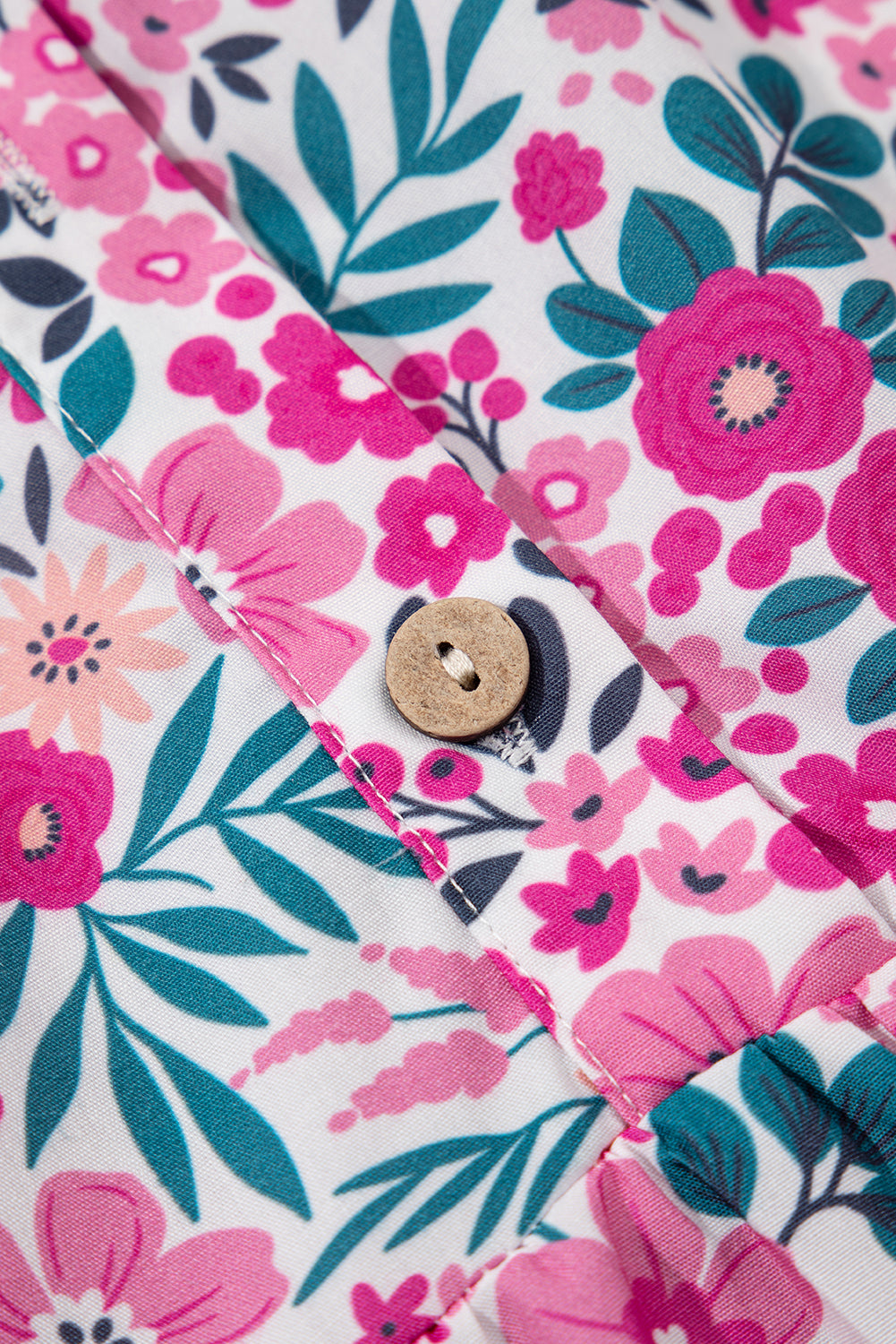 Pink Floral Collared Half Placket Short Sleeve Loose Dress