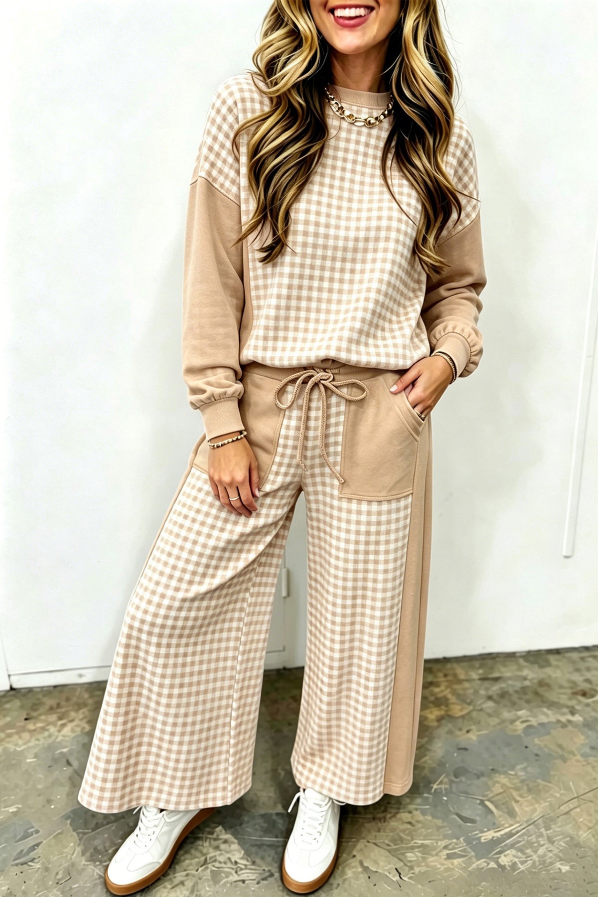 Green Color Block Plaid Patchwork Long Sleeve Pullover Wide Leg Pant Set