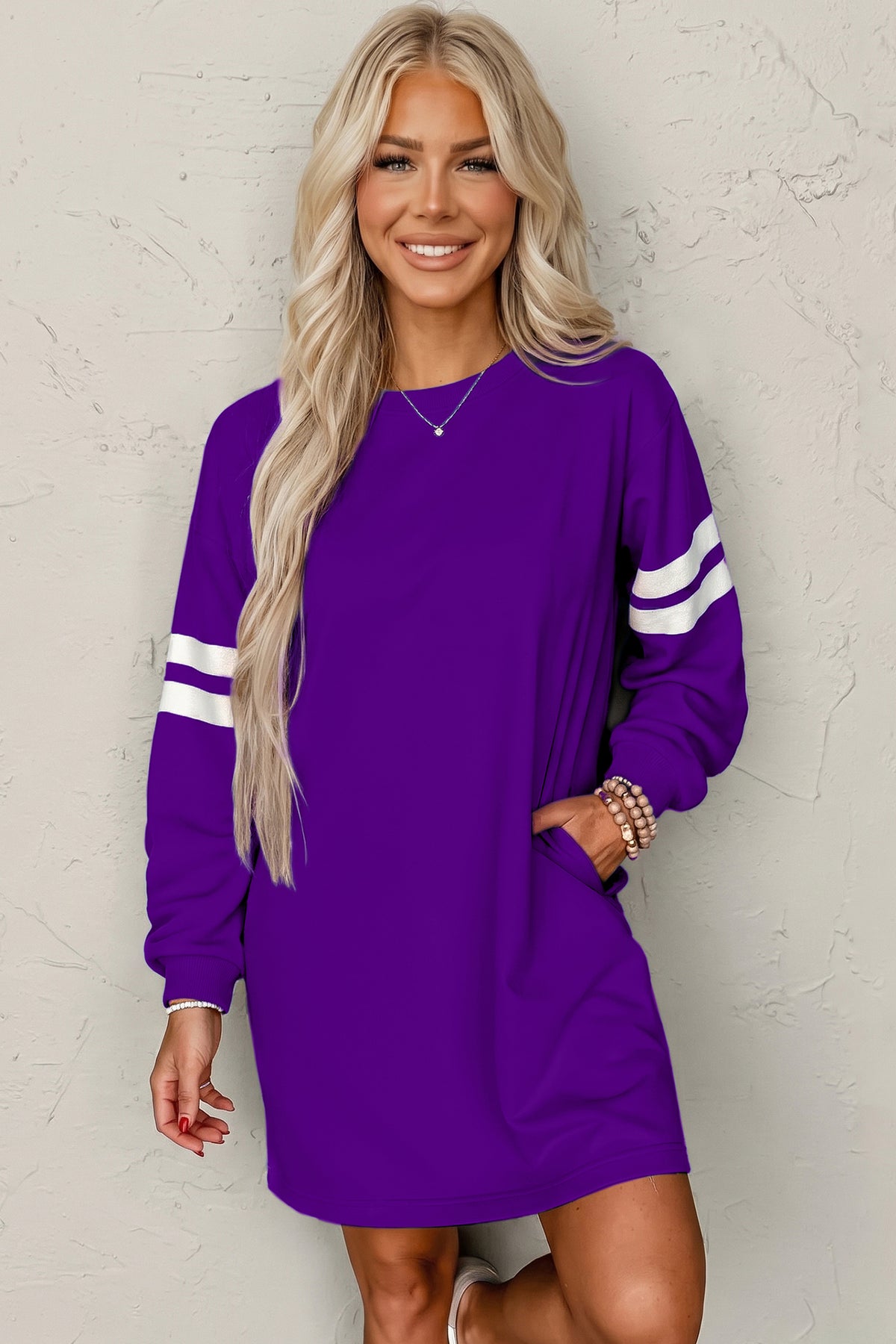 Fiery Red Varsity Contrast Banded Sleeve Shift Sweatshirt Dress