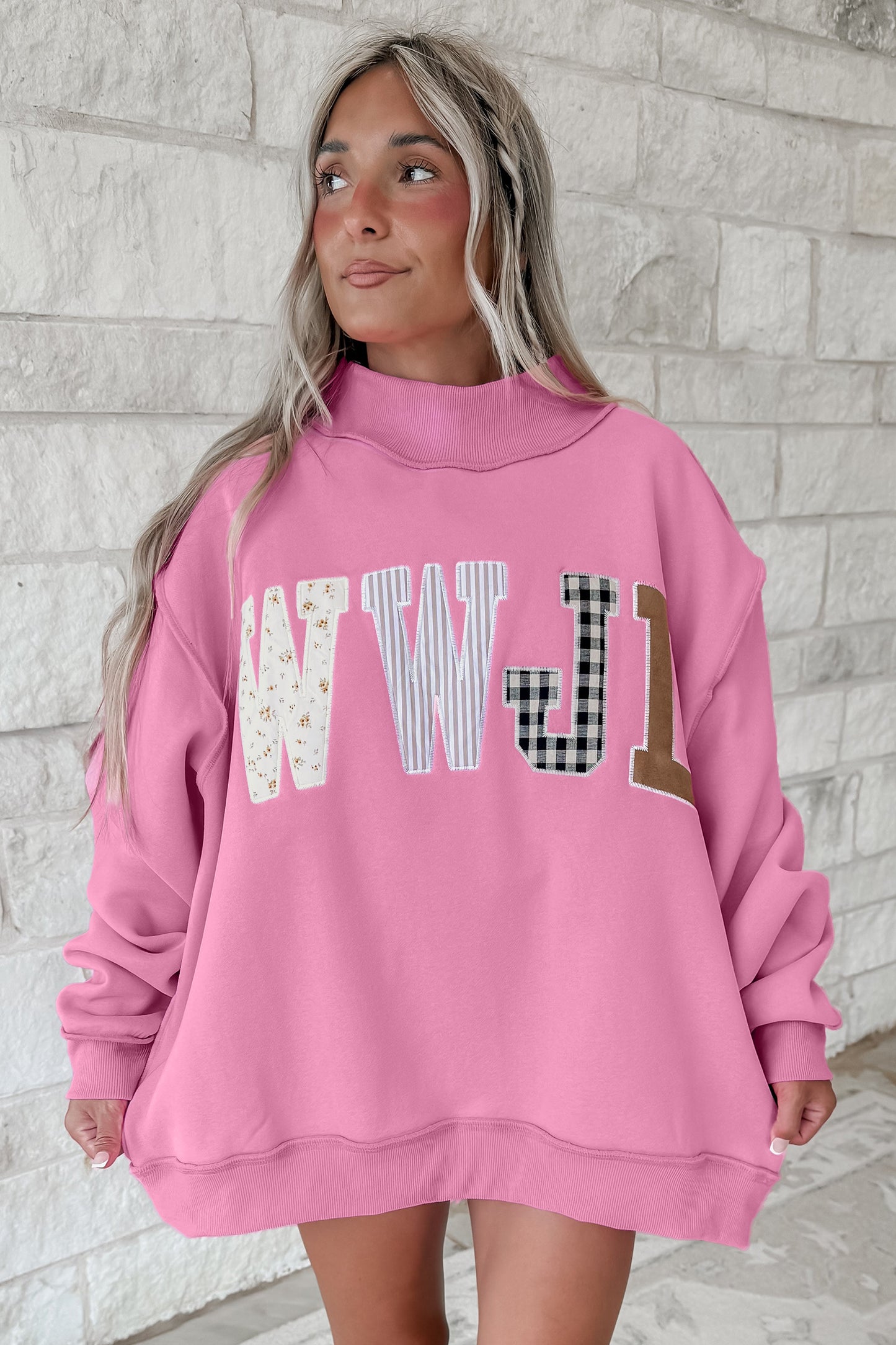 Gray WWJD Mixed Pattern Embroidered Patch Graphic Mock Neck Sweatshirt
