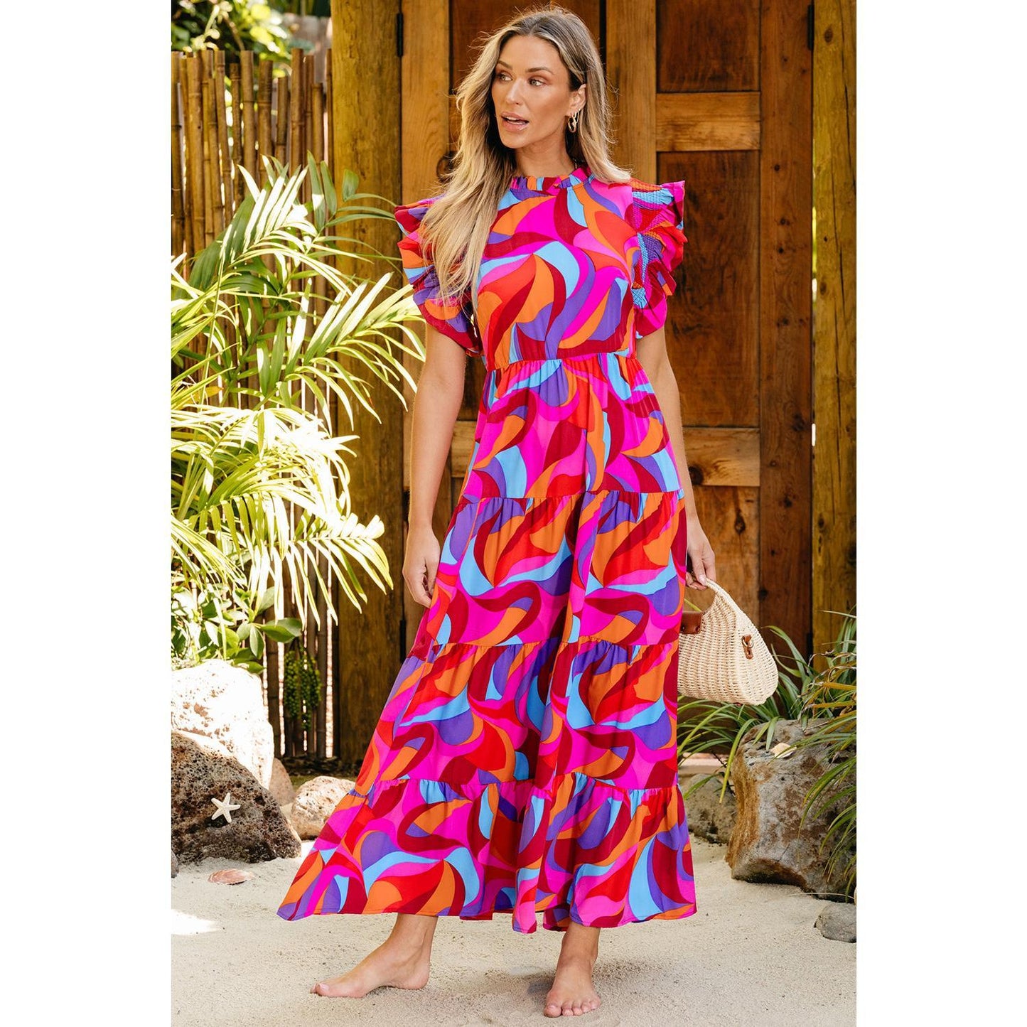 Orange Abstract Printed High Waist Ruffle Tiered Long Dress