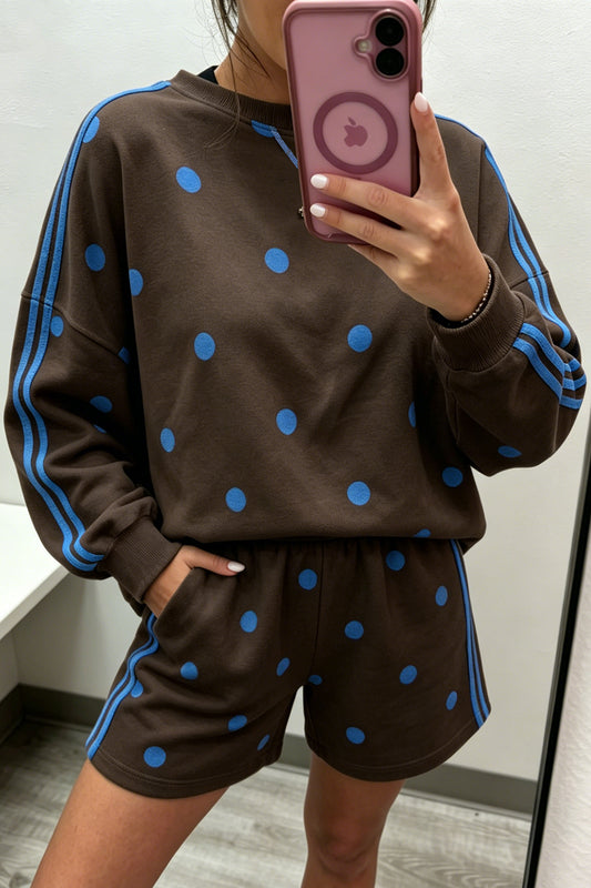 Brown Polka Dot Print Varsity Striped Detail Long Sleeve Top Short Set