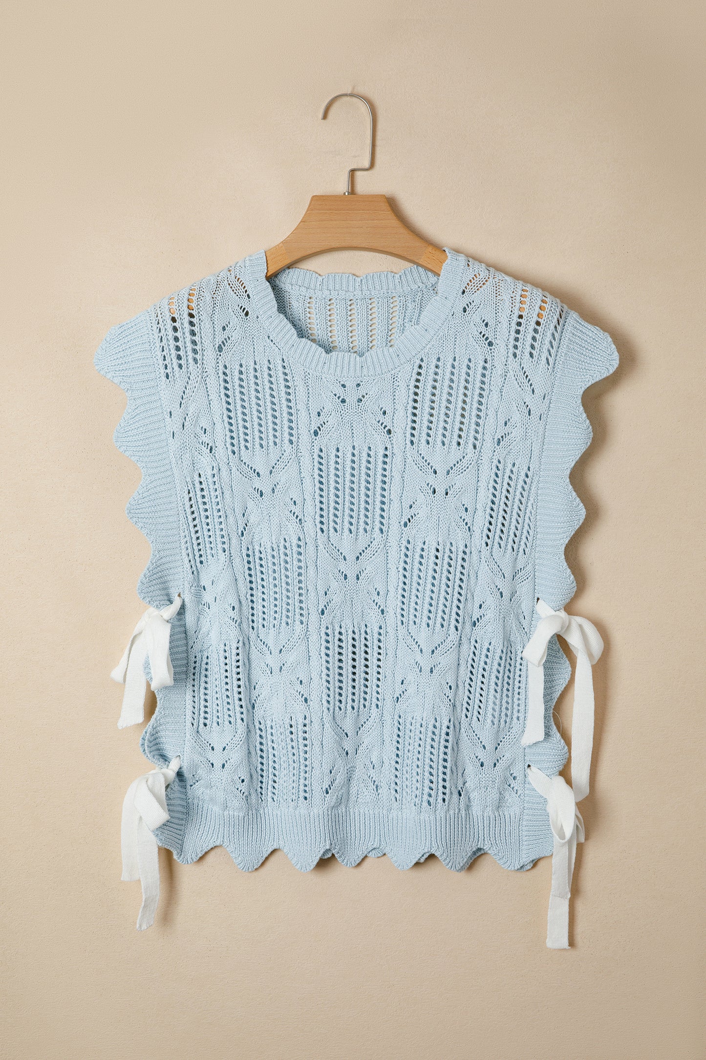 Mint Green Pointelle Knit Patterned Scalloped Trim Short Sleeve Sweater