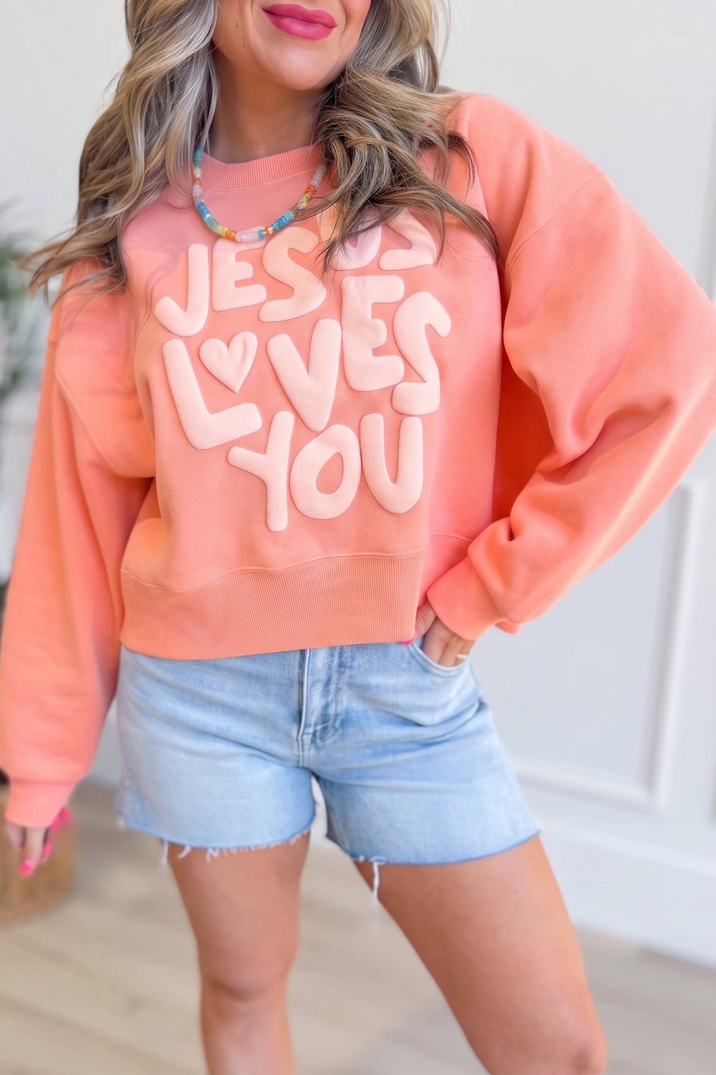 Grapefruit Orange JESUS LOVES YOU Puffy Letter Graphic Sweatshirt