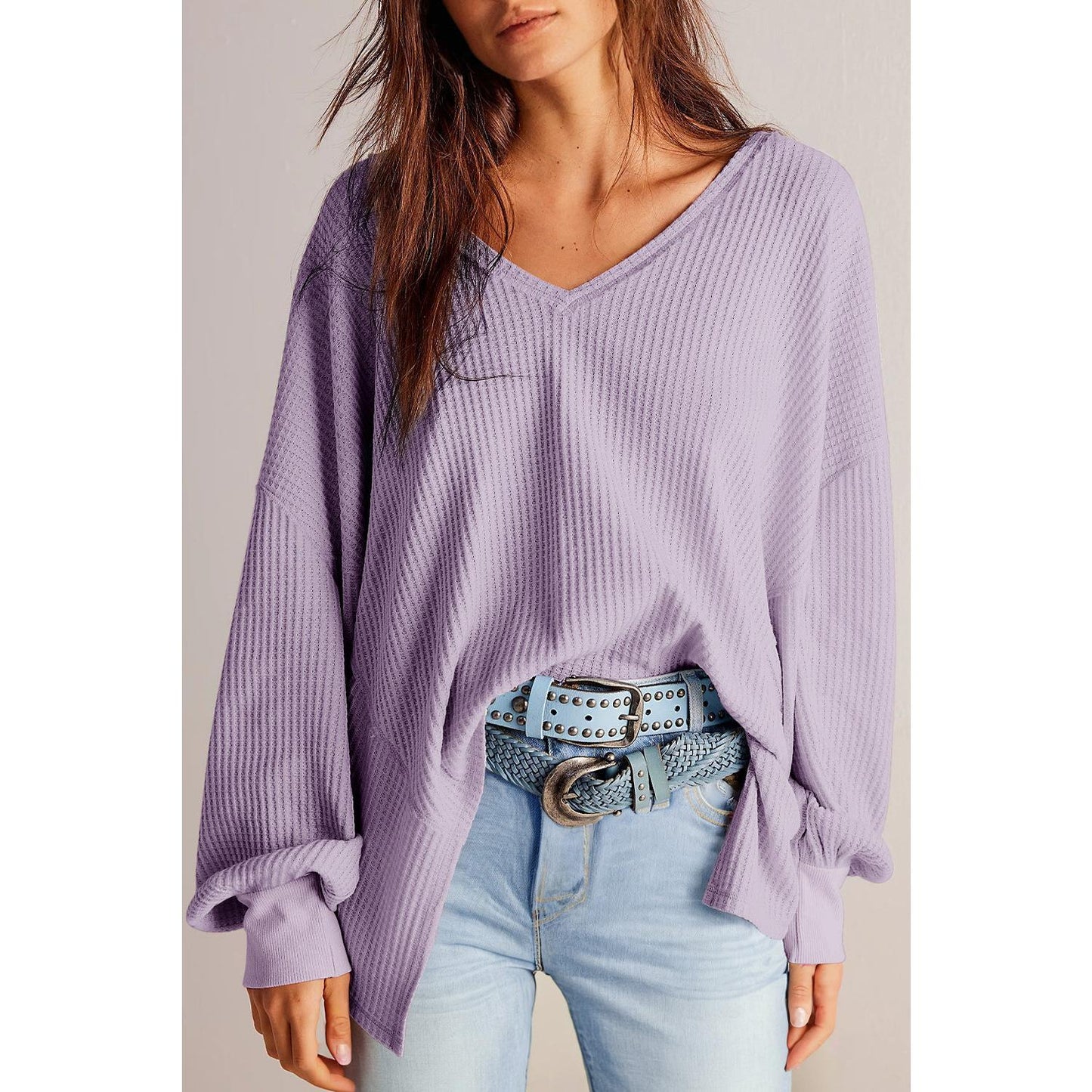 Orchid Petal Waffle V Neck Long Sleeve Drop Shoulder Loose Blouse Shirts Top