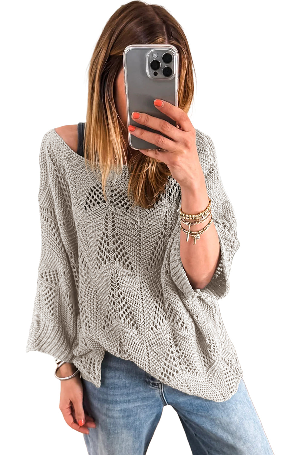 Navy Blue Hollow Out Knit 3/4 Sleeve Loose Sweater