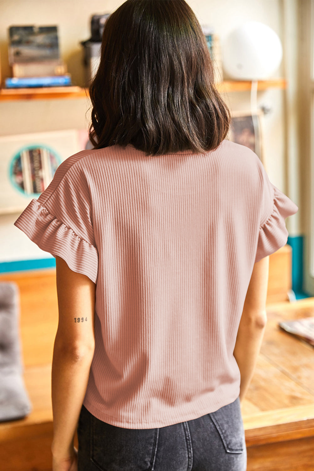 White Solid Color Ribbed Ruffled Short Sleeve T Shirt