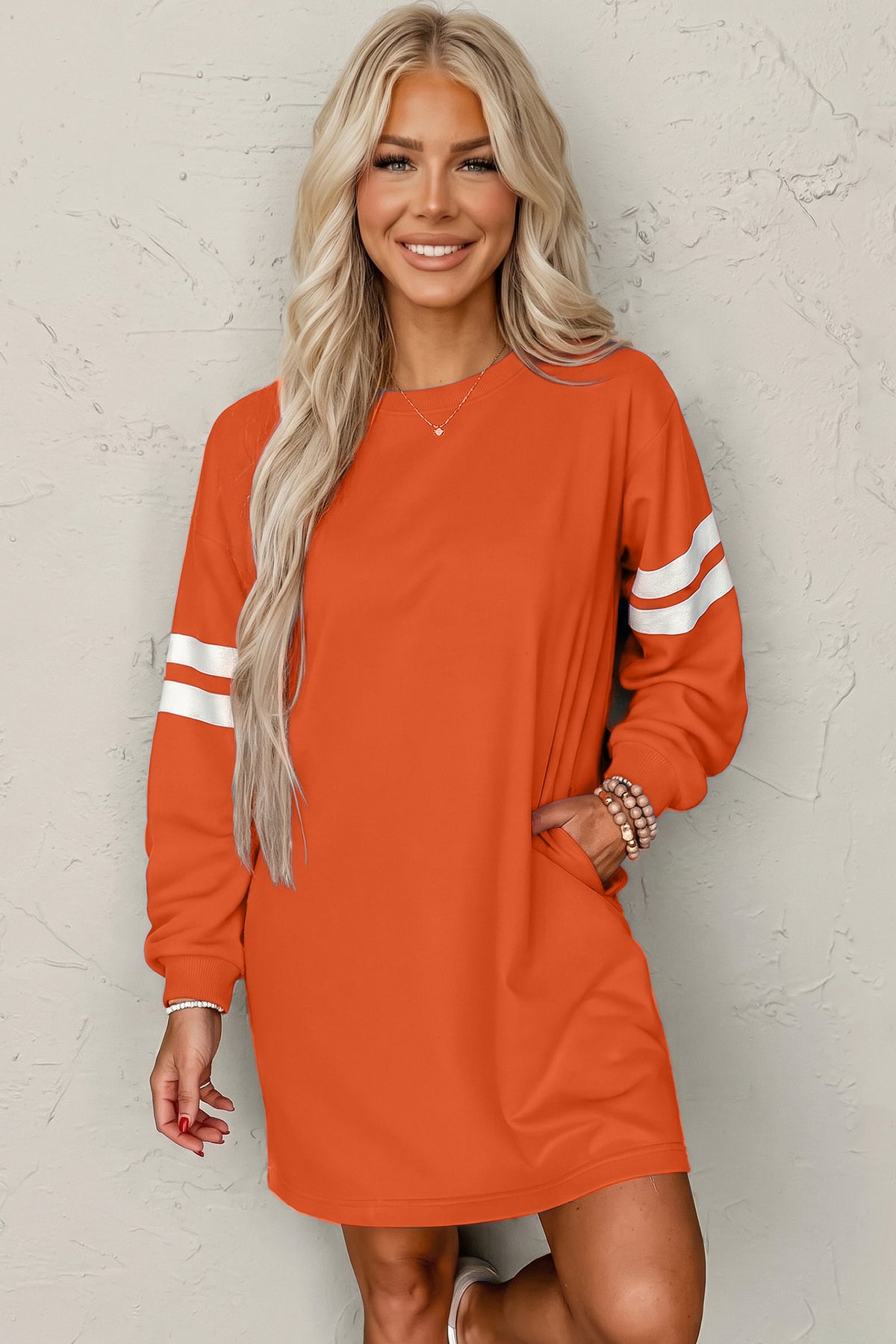 Fiery Red Varsity Contrast Banded Sleeve Shift Sweatshirt Dress