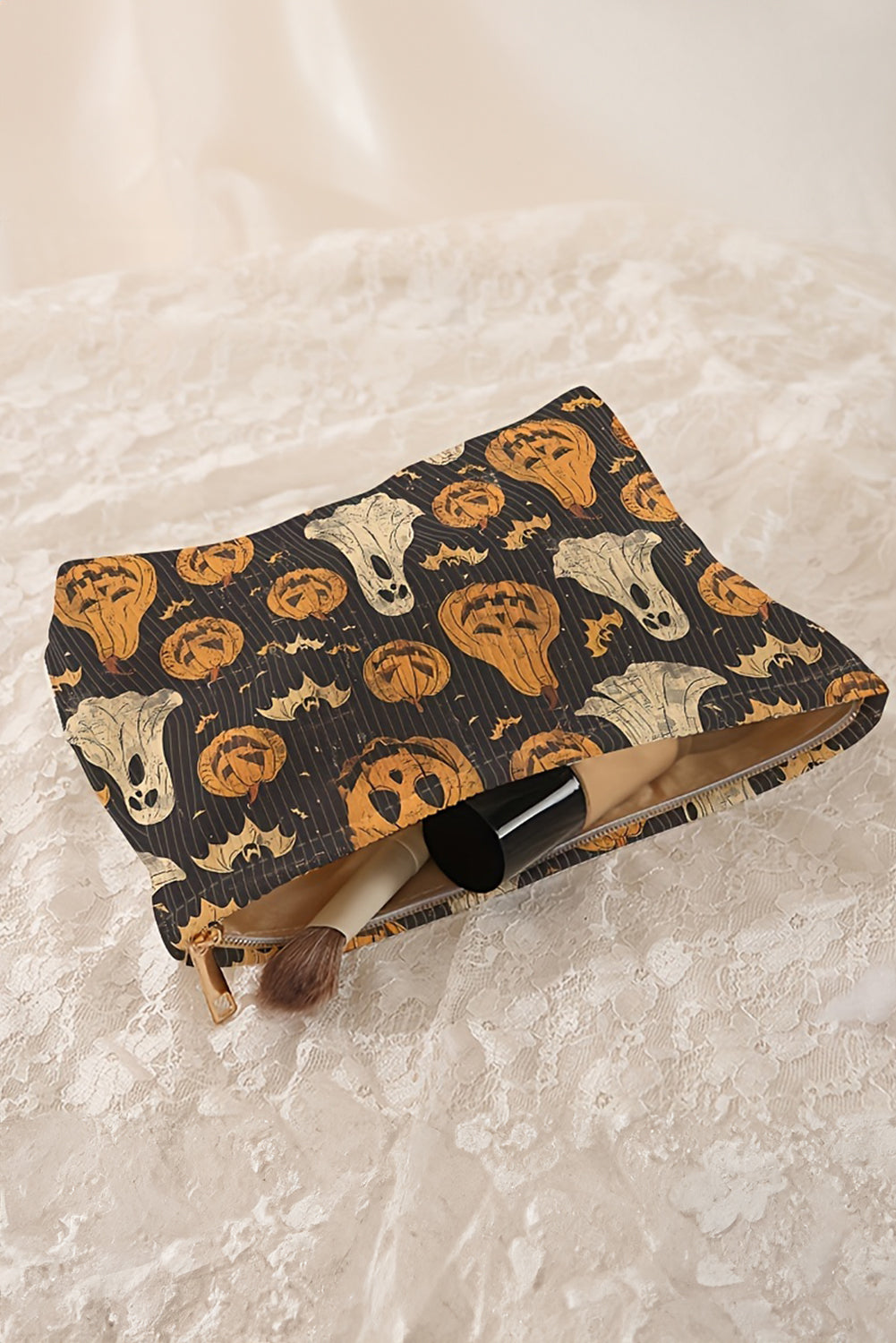 Black Halloween Print Corduroy Makeup Bag